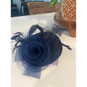 Elegant Navy Blue Fascinator Hat With Mesh Rose & Feather Accents For Weddings R